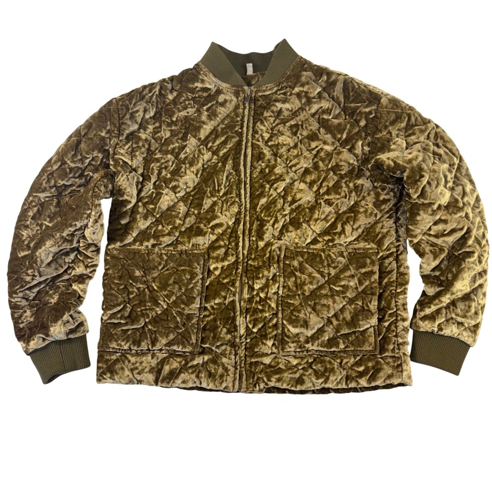 NWOT Lou & Grey‎ Womens Small Olive Quilted Velvet Bomber Jacket Full Zip Pocket